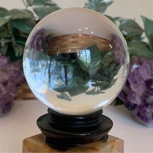 80mm Large Crystal Ball Clear Quartz Glass Sphere With Wood Stand Base 3.15 Inch
